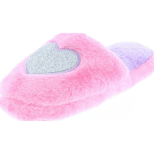 Girls PINK HEART SLIPPERS Plush Sherpa Lined RUBBER SOLE Size 11-12 13-1 4-5
